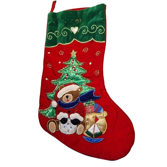 Christmas Stocking With Bear & Sailboat 22" Red/Green Embroidered Classic - Picture 1 of 5